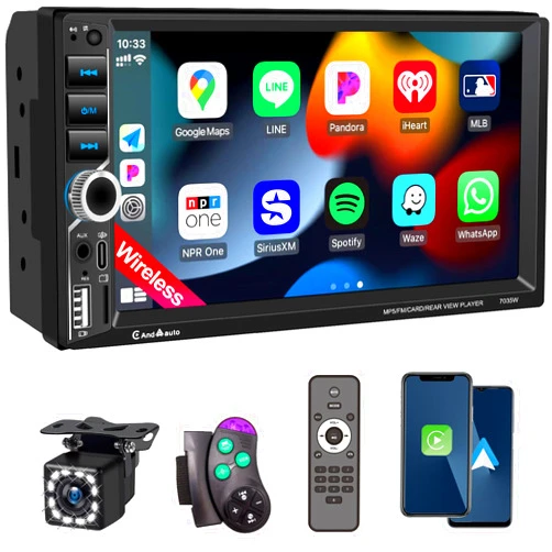 Nideocion 7'' Wireless Apple CarPlay Double Din Car Stereo,Car Radio with IPS HD Touchscreen,Car Bluetooth 5.2,Car FM Radio,Backup Camera,Android Auto,Mirror Link,USB/Type-C/AUX/TF,180W Audio Subwoofer Output，