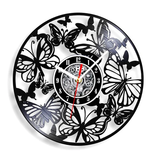 The Geeky Days Butterflies Artwork Vinyl Record Wall Clock, 12inch Battery Operated Silent Quartz 3D Butterfly Carved LP Record Watch Handmade Animal Housewarming Gift Nursery Decor