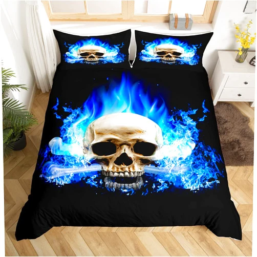 Feelyou Skull Duvet Cover Set Twin Size 3D Print Skeleton Bones Bedding Set Gothic Microfiber Comforter Cover Set Black Blue Flame Horror Skull Pattern Quilt Cover with 1 Pillow Shams, Zipper 2 Pcs