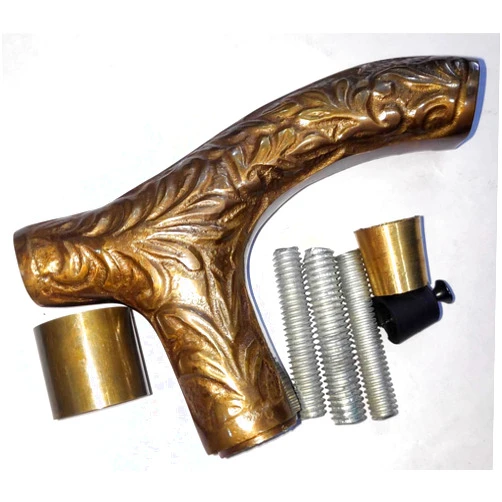 Astitv Vintage Carved Embossed Brass Derby Handle Wood Shaft Walking Cane Stick