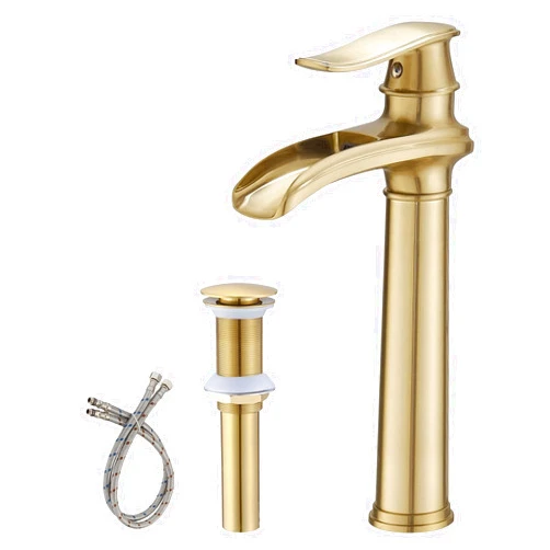 BWE Bathroom Vessel Sink Faucet Waterfall Spout Single Handle One Hole Solid Brass Deck Mount Brushed Gold Lavatory Mixer Tap Lavatory Vanity Sink Faucet with Pop Up Drain