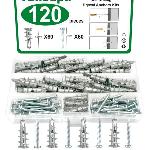 Tanbupu 120PCS Self Drilling Drywall Anchors and Screws Kit 60 Drywall Anchors and 60#8 x 1-1/4'' Screws 1 Size Drywall Anchors with Screws, Zinc Alloy Wall Anchors