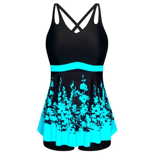 Hanna Nikole Women Plus Size Tankini Swimsuit Two Piece Bathing Suit Cross Back Cutout Flowy Swim Top with Boy Shorts
