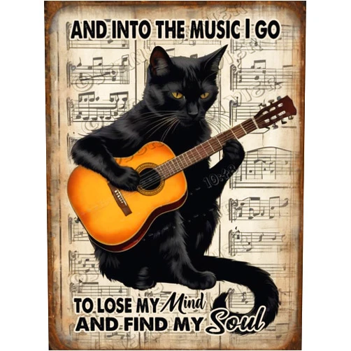 Finamille Black Cat Play Guitar Decor and Into the Music I Go To Lose My Mind And Find My Soul Metal Signs Vintage Aluminum Sign Decorative Outdoor Backyard Decor, Metal Wall Sign 5.5x8 Inches