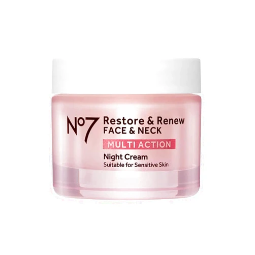 No7 Restore & Renew Multi Action Face & Neck Night Cream - Collagen Peptide Anti Aging Face Cream - Hydrating Hyaluronic Acid + Skin Firming Fragrance Free Night Cream (50ml)