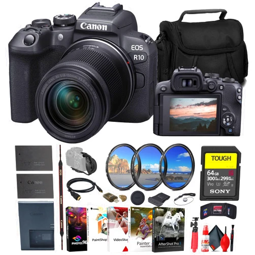 Canon EOS R10 Mirrorless Camera with 18-150mm Lens (5331C016) + Sony 64GB TOUGH SD Card + Filter Kit + Wide Angle Lens + Telephoto Lens + Color Filter Kit + Lens Hood + Bag + Charger + More (Renewed)