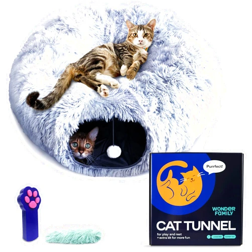 WONDER FAMILY Cat Tunnel Bed – Cat Donut Tunnel Combining Cat Bed, Peekaboo Cat Cave, & Cat Tube – Cat Cave Bed with Cat Toys for Indoor Cats Included – Cat Tunnels for Indoor Cats Large, 1 Lazer Paw, 1 Ball