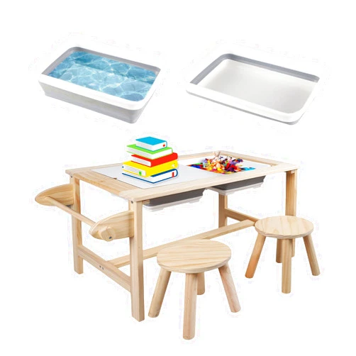 QEKMSY Kids Sensory Bins Table with 2 Stool, Multifunctional Children Interactive Activity Wooden Table Set for 1-3 Years, Drawing Table Play Sand & Water Table Children's Table with Storage Bins Lid