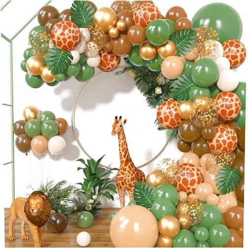Ouddy Party 170Pcs Jungle Safari Balloons Garland Kit, Safari Baby Shower Decorations Sage Green Brown & Animal Print Balloons Palm Leaves for Woodland Themed Giraffe Wedding Two Wild One Birthday Party Supplies