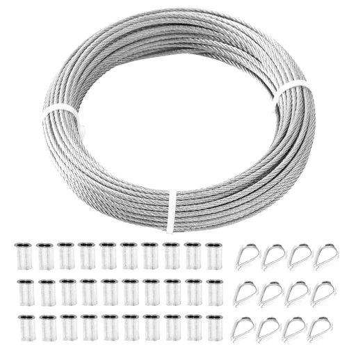 TooTaci 1/8 Wire Rope Kit, 1/8 Stainless Steel Cable, 1/8 Braided Steel Wire Cable 7×7 Strands, 100ft 1/8 Steel Cable with 30pcs M3 Crimping Loops for Cable Railing, Hanging, Sun Shade