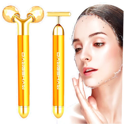 DANGSHAN 2-in-1 Electric Face Massager 24k Golden Facial Massager, 3D Roller and T Shape Facial Roller Massager Kit Skin Care Tools