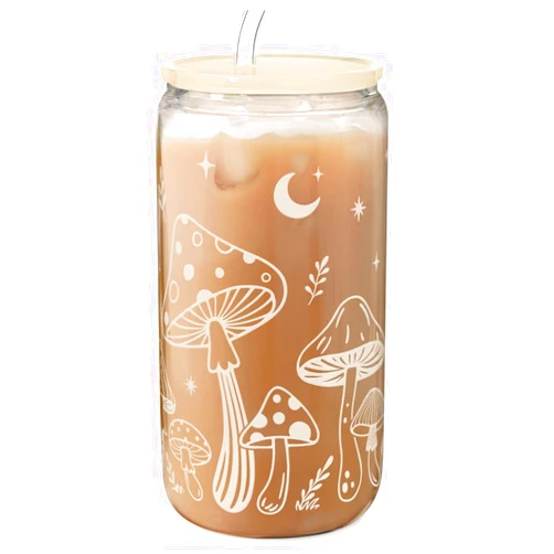 SANDJEST Mushroom 16oz Can Glass Tumbler with Acrylic Lid & Straw, Iced Coffee Cup for Women, Aesthetic Cups Gifts for Birthday Christmas