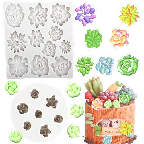 MYPRACS Succulent Fondant Mold 3D Cactus Succulents Leaves Silicone Molds Succulent Plants Molds For Sugar Cake Decorating Cupcake Topper Candy Chocolate Gum Paste Polymer Clay Set Of 2