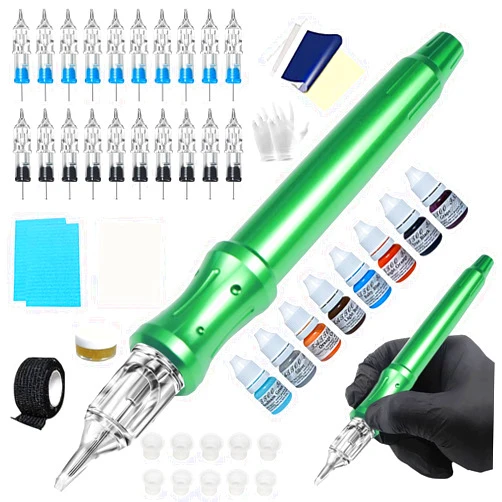 Chiitek Handpoke Tattoo Kit Metal Manual Tattoo Kit DIY Tattoo Tool Kit For Home Use With Tattoo Ink 20PCS Tattoo Cartridge Needles Green
