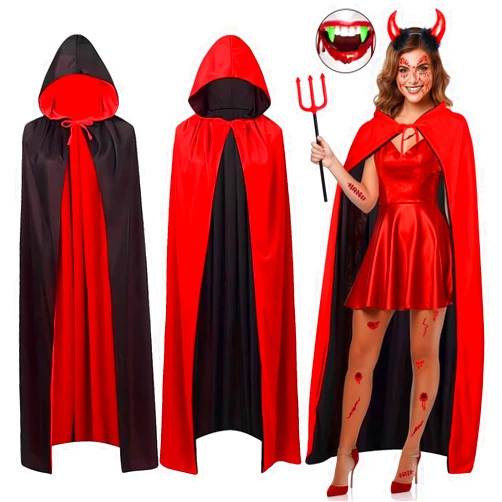 MOVINPE Halloween Cloak Reversible Devil Costume Accessories for Women Reversible Devil Horns Headband Trident Vampire Teeth Glow in Dark Wound Face Gems Horror Tattoo Cosplay Costume Carnival Party