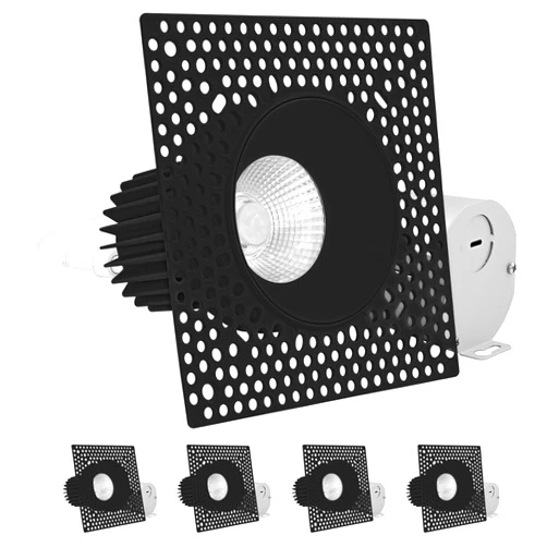 LUXRITE 3 Inch Trimless LED Black Recessed Lighting, 15W, 1100LM, 5CCT Selectable 2700K-5000K, Dimmable Ceiling Spotlight, CRI 90, Damp & IC Rated, Plaster Downlight, ETL Listed (4 Pack)