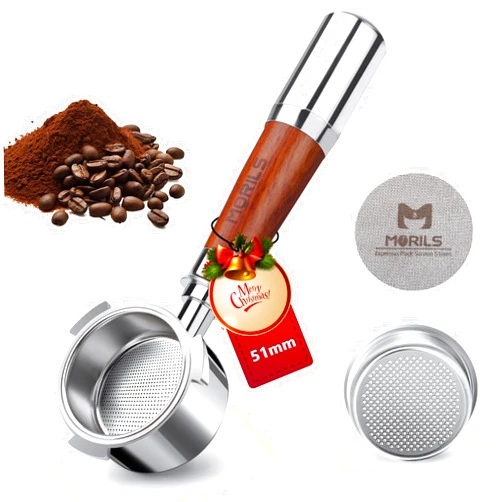 MORILS 51mm Bottomless Portafilter For Delonghi Dedica EC680 and EC685 Machines, 3 Ears Espresso Portafilter with Puck Screen, Double Shot Filter Basket & Premium Walnutwood Handle
