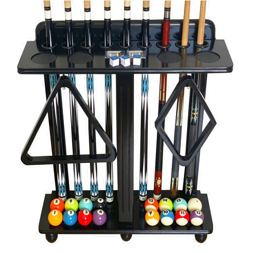 GACCO BILLIARDS Floor Pool Cue Rack Hold 9 Cue Sticks & Billiard Accessories. Corner Stand Pool Cue Holder Made of 100% Solid Hardwood with Billiard Scorer.CUE RACK ONLY (Black)