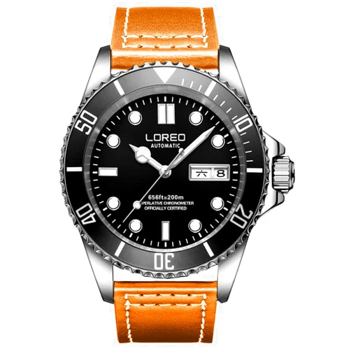 LOREO Mens Silver Stainless Steel Sapphire glass Rotating bezel Men's Automatic date week leather Watch