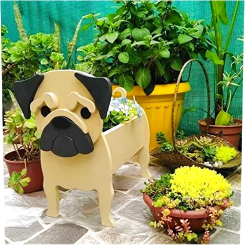 Qfauto JKMXBX Dog Planter Plant Pots, Animal Shaped Barrel Flower Pot,Dog Planters Wooden for Outdoor Plants, Cute Chihuahua Bulldog Pet Flower Pot for Indoor Outdoor Decoration (Pug)