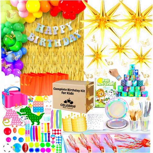 CELEBRIO Make it special Kid's Happy Birthday Decorations Kit - 505-Piece Set with Gold Decor, Tableware, Banner, Party Toys, Balloons, Electric Pump, Gift Bags - Complete Supplies