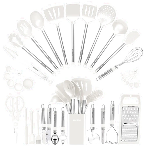 BESTZMWK Kitchen Utensil Set-Silicone Cooking Utensils-33 Kitchen Gadgets & Spoons for Nonstick Cookware-Silicone and Stainless Steel Spatula Set-Best Kitchen Tools, Useful Pots (Cream White)