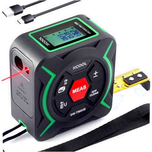 XCOOL 2-in-1 Tape Measure with Laser, 197-ft Laser Tape Measure & 9.8-ft Self-locking Tape Measure with Movable Magnetic Hook, Measuring Pythagorean, Area, Volume with Switchable Units M/Ft/in