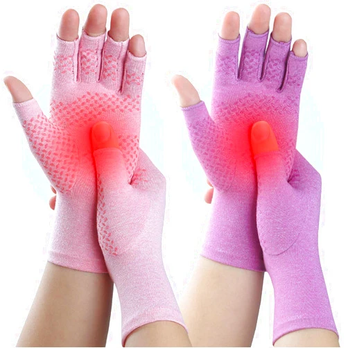Kecartu 2 Pairs Compression Gloves for Rheumatoid Arthritis, Osteoarthritis, Carpal Tunnel Pain, Fingerless Arthritis Hand Gloves for Women Men Support Work&Computer Typing (Pink+Purple, Small)