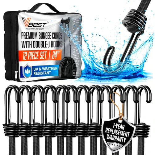 Vbest 24 Inch Bungee Cords with Hooks - Black Bungee Cords Heavy Duty Outdoor - Bungie Cords Set - Bunjee Chords, Bunji Cords - Tarp Bungee Straps Rubber Cords Pack 24” (12 Piece)