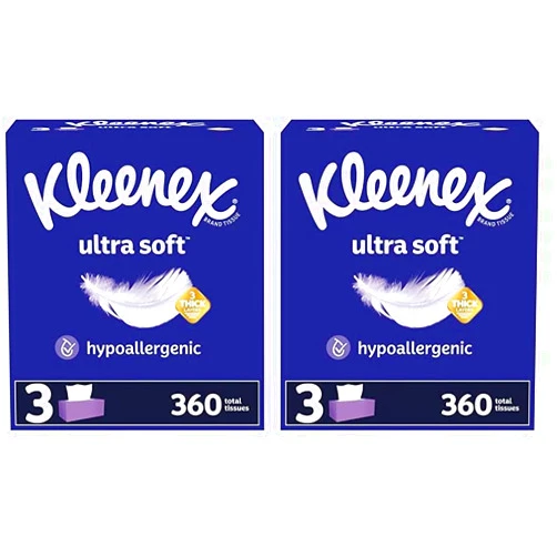 Kleenex Ultra Soft Facial Tissues, 3 Flat Boxes, 120 Tissues per Box, 3-Ply (360 Total Tissues), Packaging May Vary (Pack of 2)