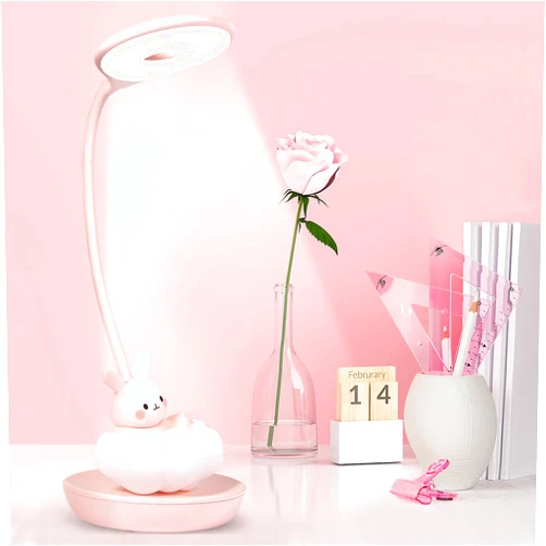 MARZIUS Cute Rabbit Design Dimmable Touch LED Reading Desk Lamp Night Light with 5 Levels Brightness for Boy,Girl Kid Teen (Pink Cloudy Bunny)