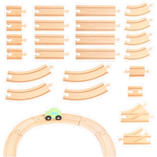 WoodenEdu Wooden Train Tracks 24 Piece Set, Track Expansion and 9 Distinct Pieces - 100% Compatible with All Major Brands Including Thomas Wooden Railway System