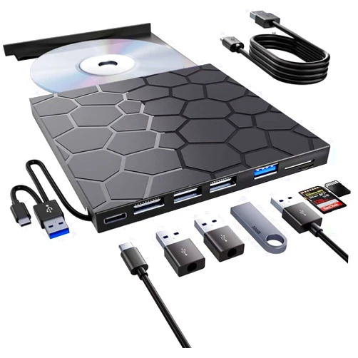 VAIYI External CD/DVD Drive for Laptop, Portable DVD Player for Laptop, 8 in 1 USB 3.0 CD/DVD-ROM +/-RW CD Burner,cd drive external usb cd reader Compatible with Laptop Desktop Mac,Windows 11/10/8/7 Linux