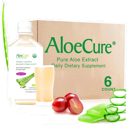 AloeCure USDA Organic Aloe Vera Juice Grape Flavor, Made Within 12 Hours of Harvest - Pure Aloe Vera Digestive & Immune Health Supplement, Helps Maintain Balanced Stomach Acidity, 16.7oz x 6 Btls