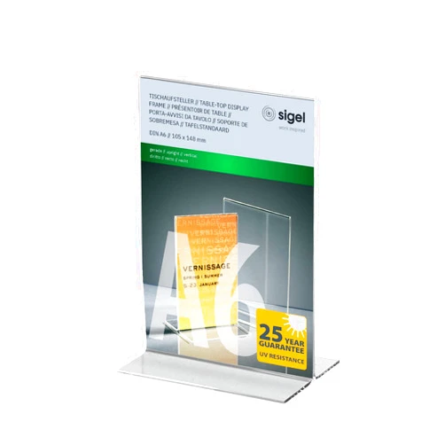 SIGEL TA226 Sign Holder, Upright, for A6, Double-Sided Presentation, Acrylic, Transparent, 1 pc.
