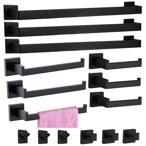 Toptowel 15-Pieces Matte Black Bathroom Accessories Set, Stainless Steel Bathroom Hardware Set, Towel Racks for Bathroom Wall Mounted 24 Inch Bath Towel Bar Set.