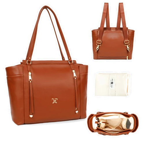 miss fong Diaper Bag Tote Leather Diaper Bag Backpack, Large Capacity Mommy Bag Hospital Bag, 12 Pockets Travel Diaper Tote with Changing Pad，Stroller Straps & Insulated Pockets for Mom & Dad-Brown