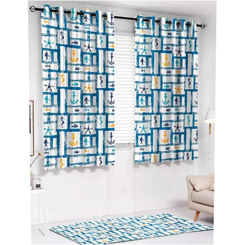 Aumoo SUZM Soundproof Curtains, Navy, Noise reducing, W63 x L45 inch, Prints Scenery Products, Petrol Blue Marigold Teal, Marine Grunge Starfish Anchor Seahorse Underwater Marine Murky Design,