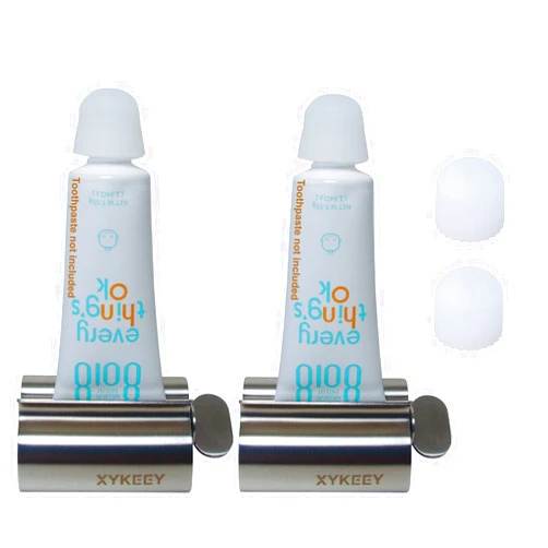 XYKEEY Toothpaste Tube Squeezer - Set of 2 Toothpaste Squeezer Rollers, Metal Toothpaste Tube Wringer Seat Holder Stand (Silver + 2 Caps)