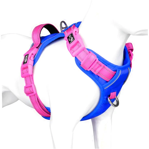 PHOEPET No Pull Dog Harness, Unique Colors Reflective Adjustable Dog Vest, with Soft Training Handle Metal Clips for Small Medium Large Dogs (Royal Blue Base & Pink Straps,M)