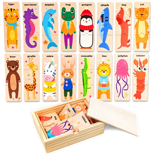 Timixy Montessori Wooden Puzzle for Toddlers, Wood Puzzle for Kids Ages 3-5, Animal Matching Game, Preschool Learning Toy, Educational Activity for 3 Year Old Boy Girl Birthday Gift, 48pc with Storage Box