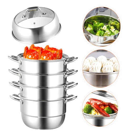 VEVOR Steamer Pot 11in/28cm, 5 Tier Steamer Pot for Cooking with 8.5QT Stock Pot, 3 Vegetable Steamers & 2 Steaming Trays, Food-Grade 304 Stainless Steel Food Steamer Cookware for Gas Electric Stove