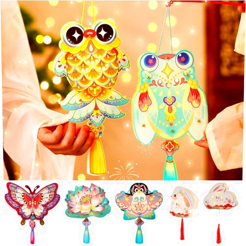 GINTBN Mid Autumn Festival Lantern, DIY Handmade Chinese Lantern with LED Light, Handheld Paper Lantern Cute Bunny Ornament for Holiday Decor,Mooncake Festival,Party