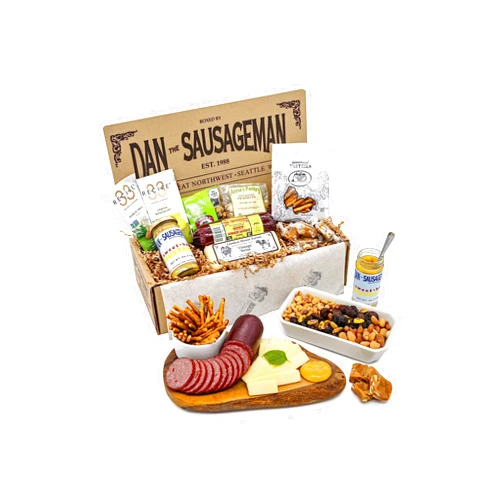Dan the Sausageman Grizzly 12 Item Meat and Cheese Gift Basket with Summer Sausage, Assorted Cheeses & Crackers - Gourmet Snacks for Gifting