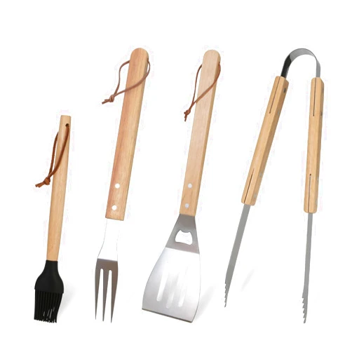 GreatChef Barbecue Grilling Utensils Set of 4, Stainless Steel Tools with Wood Handle, Meat Fork, Slotted Turner, Barbecue Tongs & Silicone Brush, Good BBQ Accessories for Outdoor, Camping & Party
