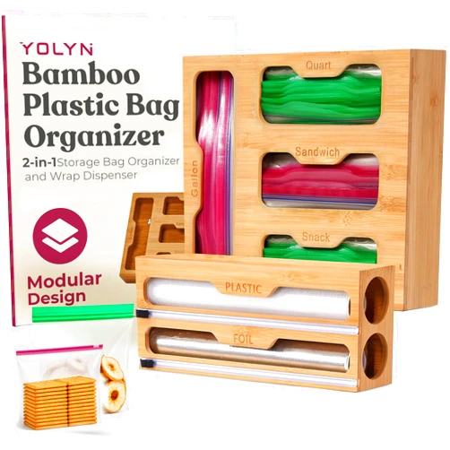 YOLYN Bamboo Kitchen Storage Bag Organizer, Drawer Organizer with Foil Dispenser, Bamboo Organizer for Sandwich Bags, Plastic Wrap, Baggie and Foil, Premium Kitchen Drawer Organizer