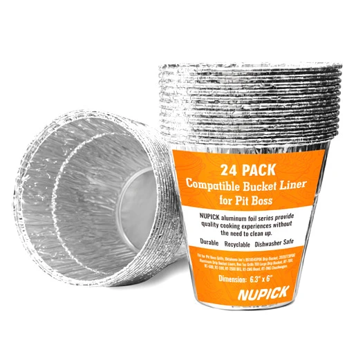 NUPICK 24 Pack Grease Bucket Liner Compatible for Pit Boss Grills 67292 Foil, Oklahoma Joe's 9518545P06, Z Grill Bucket, Recteq Large Bucket, etc. 6.3” x 6.0”, Disposable Aluminum