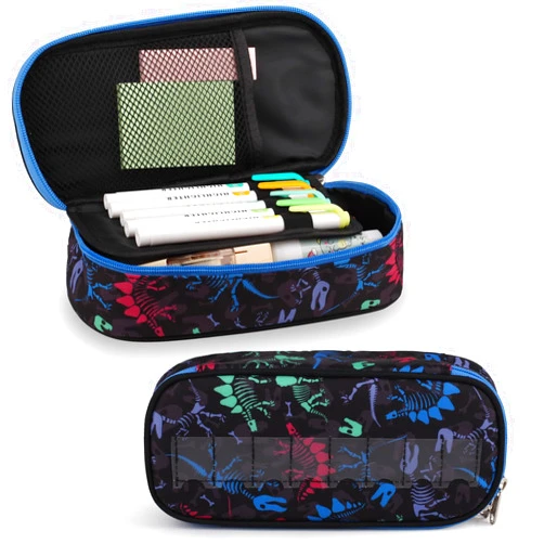 BERRYRIZZ Large Capacity Pencil Case Pen Pouch Organizer Canvas Pencil Bag with Name Stickers School Supplies for Teen Boys-Black & Blue Dinosaur Fossil