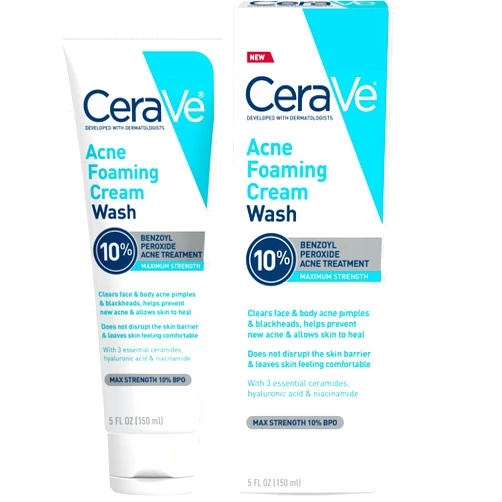 CeraVe Acne Foaming Cream Wash, Gentle Face and Body Cleanser with Benzoyl Peroxide 10%, Hyaluronic Acid, and Niacinamide, 10% Benzoyl Peroxide Treatment Clears Pimples and Blackheads 5 Oz