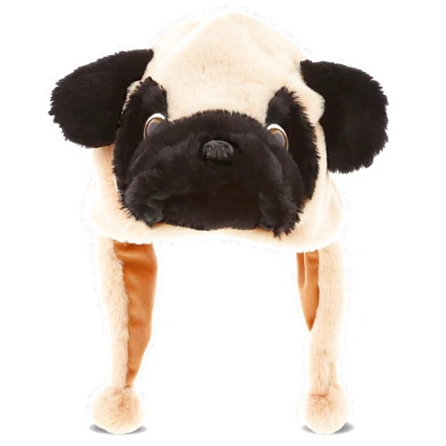 DolliBu Pug Plush Winter Hat - Soft Stuffed Animal Novelty Beanie with Ear Flaps, Cozy Fleece, Funny Pet Costume for Kids, Teens, Adults - One Size